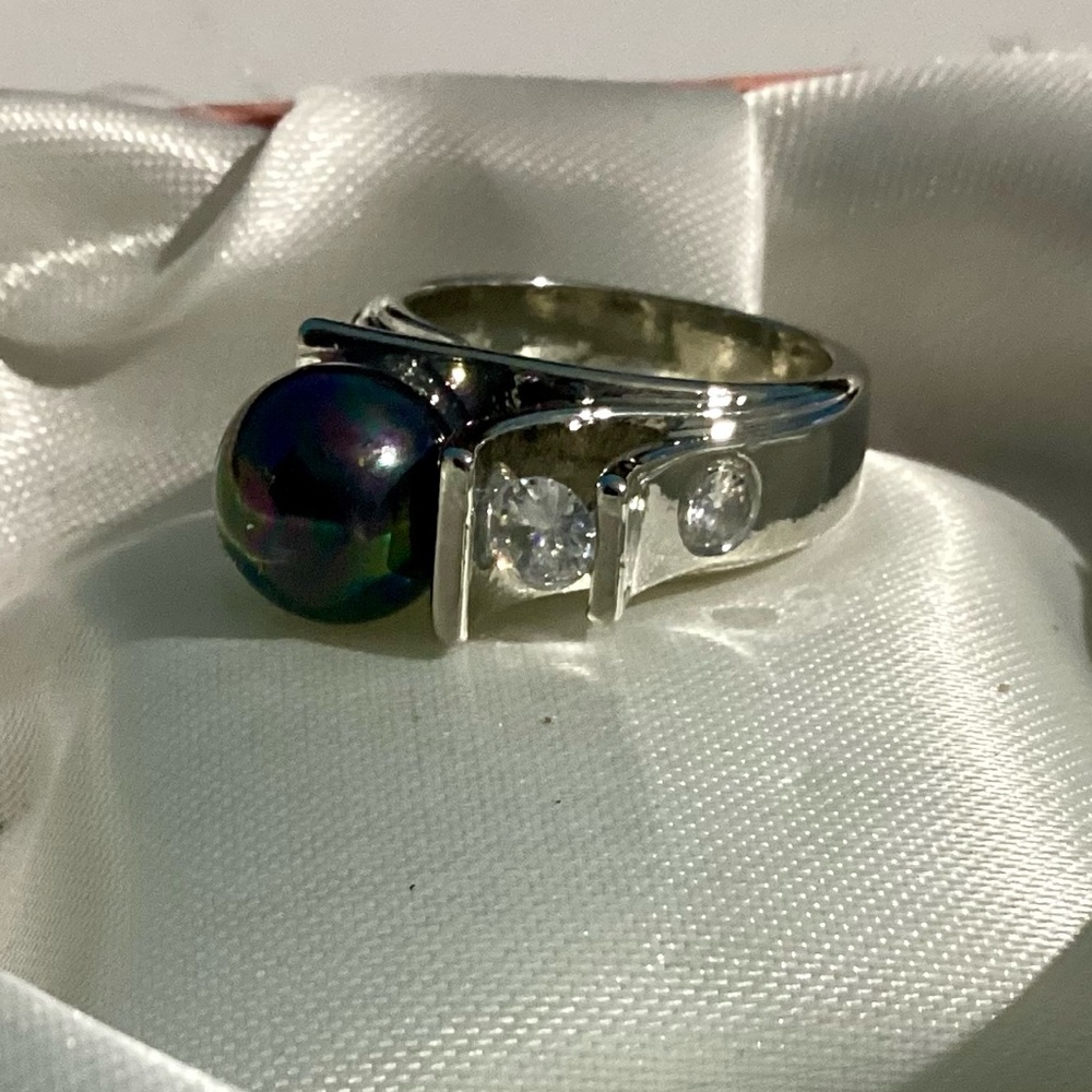 💋Gorgeous  Silver Wide Band Black Rainbow Iridescent Tahitan Pearl & CZ ring